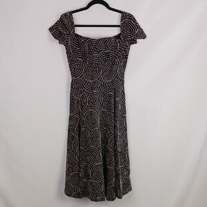 Vtg Black W Tan Swirl Pattern 50"s Dress